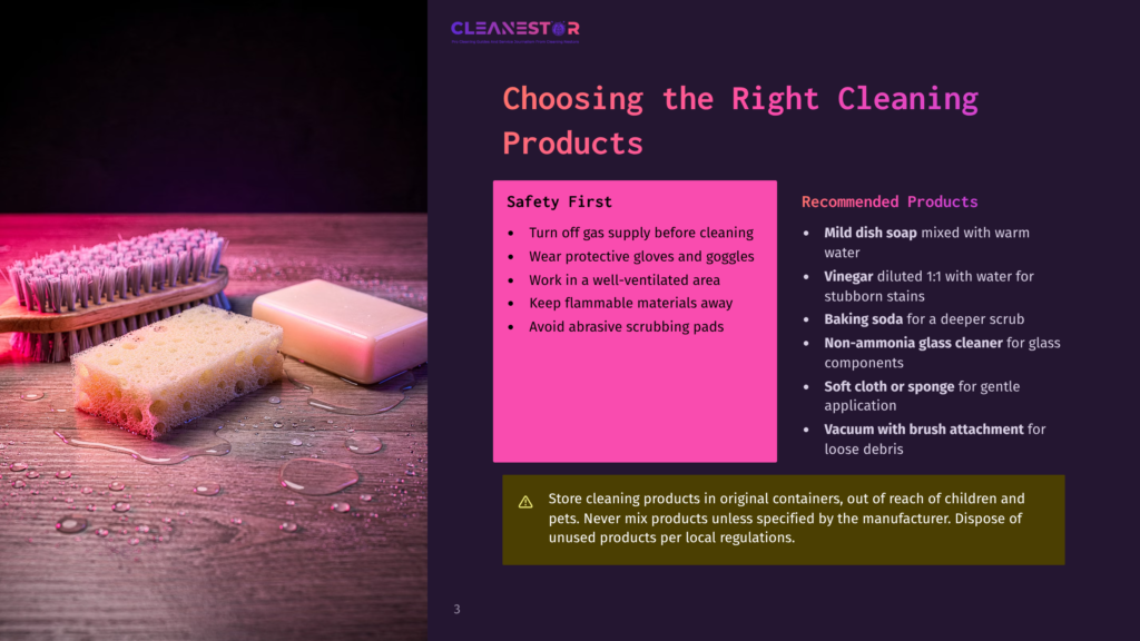 3 Choosing The Right Cleaning Products A Dark-Themed Webpage Shows A Close-Up Of Cleaning Products: A Brush, Sponge, And Bar Of Soap On A Wooden Surface, With A Soft-Focus Background And Safety Tips In A Pink Box.