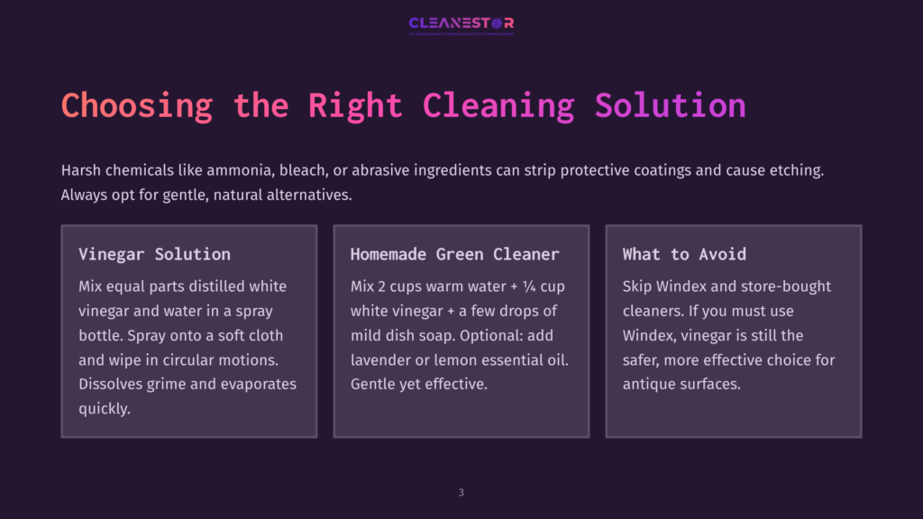 A Slide Titled &Quot;Choosing The Right Cleaning Solution&Quot; With Three Columns: &Quot;Vinegar Solution,&Quot; &Quot;Homemade Green Cleaner,&Quot; And &Quot;What To Avoid,&Quot; Offering Cleaning Advice.