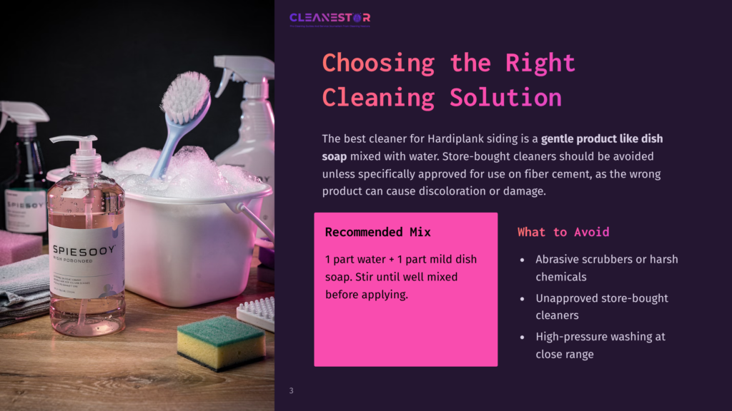3 Choosing The Right Cleaning Solution A Bottle Of Spiesoo Siding Cleaner Sits Next To A Bucket Filled With Soapy Water And Cleaning Brushes, With Cleaning Spray Bottles In The Background.