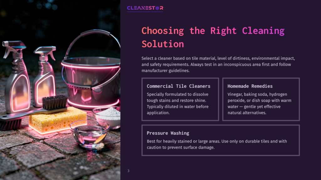 Cleaning Supplies Including Spray Bottles, A Bucket, Brushes, And A Sponge Sit On Wet Paving Stones. The Image Highlights Cleaning Solutions For Tile And Homemade Remedies, With Text Overlay &Quot;Choosing The Right Cleaning Solution.