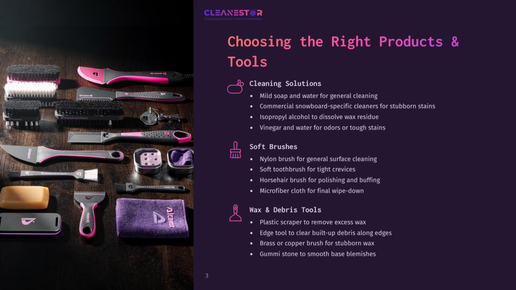A Collection Of Snowboard Cleaning Tools And Solutions, Including Brushes, Scrapers, And Cleaning Liquids, Are Neatly Arranged On A Dark Background.