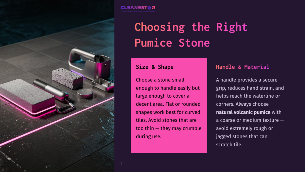 Pumice Stones And Cleaning Tools Are Displayed On A Dark Tiled Surface With Pink Neon Lighting. Text Reads &Quot;Cleanestor&Quot; And &Quot;Choosing The Right Pumice Stone&Quot;.