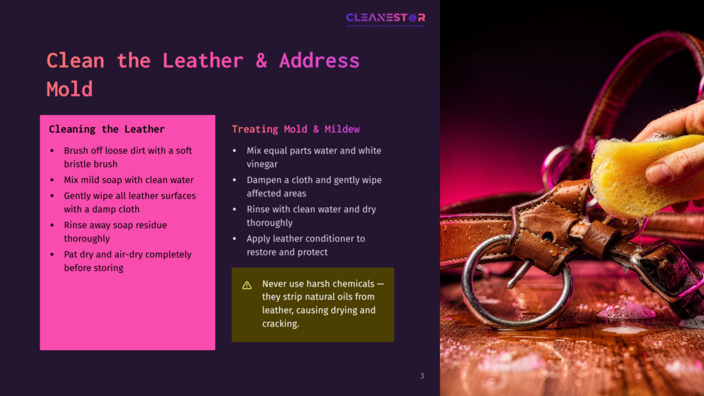 3 Clean The Leather And Address Mold A Person Cleaning A Brown Leather Belt With A Yellow Sponge, Demonstrating How To Clean The Leather And Address Mold. The Belt Is Placed On A Wooden Surface With A Black Border.