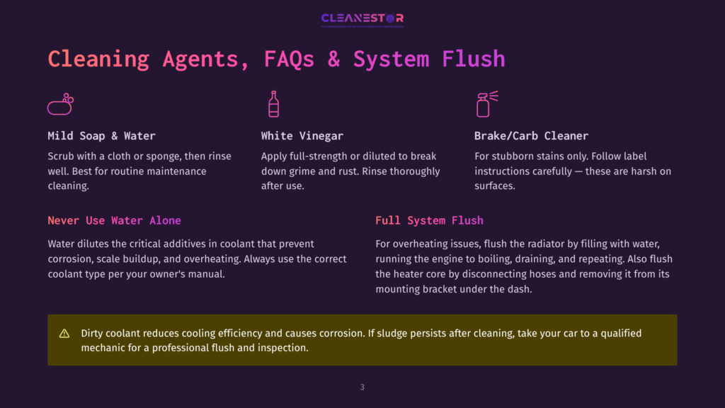 3 Cleaning Agents Faqs And System Flush A Webpage With A Dark Background Provides Car Maintenance Tips, Highlighting Three Cleaning Agents: Mild Soap &Amp; Water, White Vinegar, And Brake/Carb Cleaner. It Explains How To Use Mild Soap &Amp; Water For Routine Maintenance, White Vinegar To Break Down Grime And Rust, And Brake/Carb Cleaner For Stubborn Stains, Advising To Follow Label Instructions Carefully.