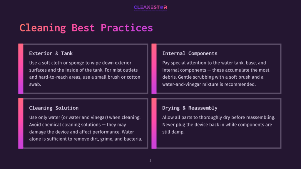 Infographic Titled &Quot;Cleaning Best Practices&Quot; With Four Sections: Exterior &Amp; Tank, Internal Components, Cleaning Solution, And Drying &Amp; Reassembly, Offering Tips For Cleaning A Device.