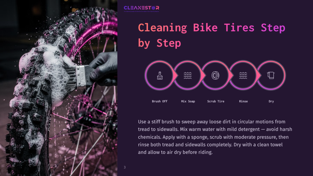 3 Cleaning Bike Tires Step By Step Close-Up Of A Gloved Hand Using A Brush To Scrub Soapy Tire Treads Of A Dirt Bike, With Pink And Purple Lighting Highlighting The Foam And The Tire'S Aggressive Pattern. Text Overlay Reads &Quot;Cleanestor Cleaning Bike Tires Step By Step&Quot;.