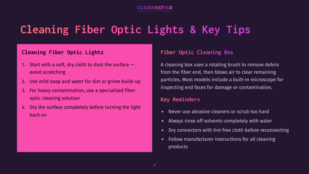 3 Cleaning Fiber Optic Lights And Key Tips A Presentation Slide Titled &Quot;Cleaning Fiber Optic Lights &Amp; Key Tips&Quot; Lists Steps For Cleaning Fiber Optic Lights And Key Reminders For Cleaning Fiber Optic Cleaning Boxes.