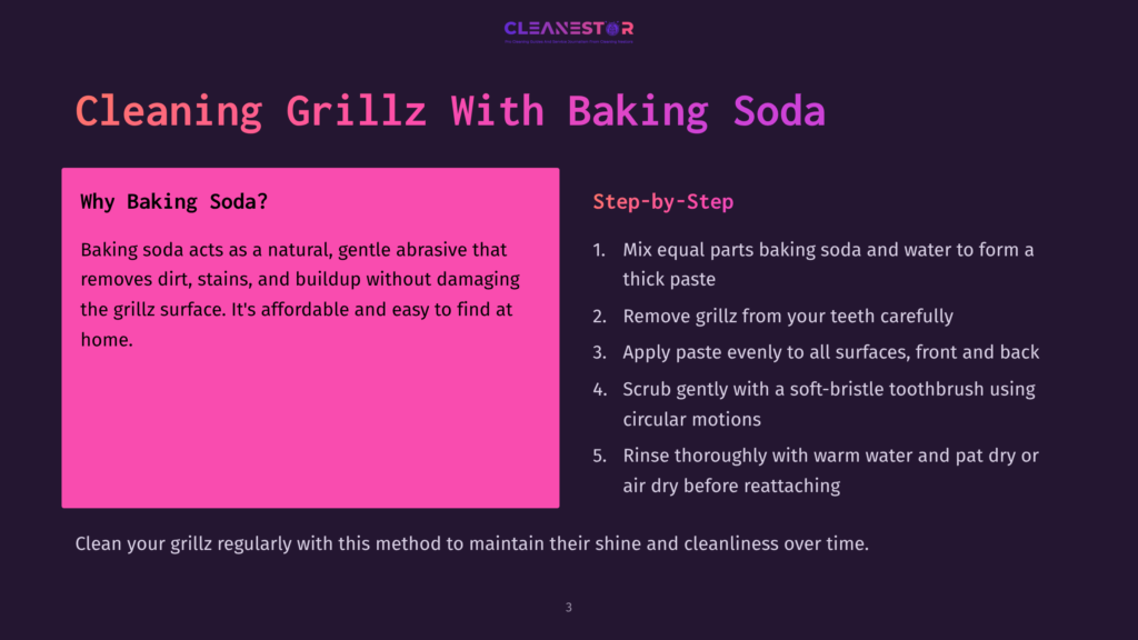 Infographic Detailing How To Clean Grillz With Baking Soda. Includes &Quot;Why Baking Soda?&Quot; And &Quot;Step-By-Step&Quot; Sections With Instructions.