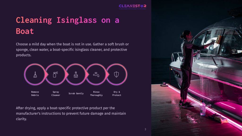 3 Cleaning Isinglass On A Boat Woman Cleaning Isinglass On Boat With Protective Products, Soft Brush, And Water. Bright Pink Lights On Boat Deck.
