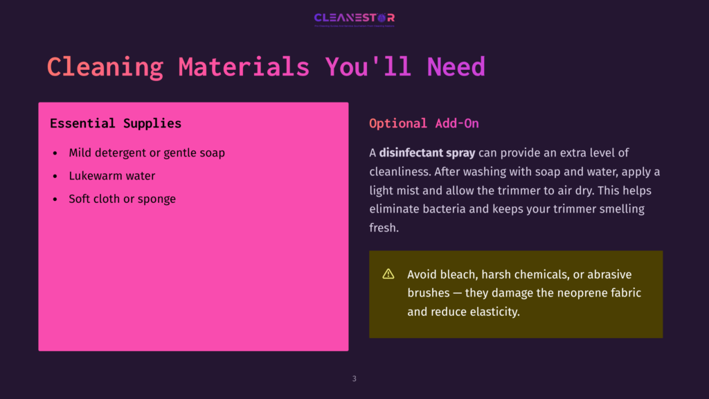 3 Cleaning Materials Youll Need An Infographic Section Titled &Quot;Cleaning Materials You'Ll Need&Quot; Lists Essential Cleaning Supplies Including Mild Detergent, Lukewarm Water, And A Soft Cloth Or Sponge, Along With A Warning Against Using Bleach, Harsh Chemicals, Or Abrasive Brushes.