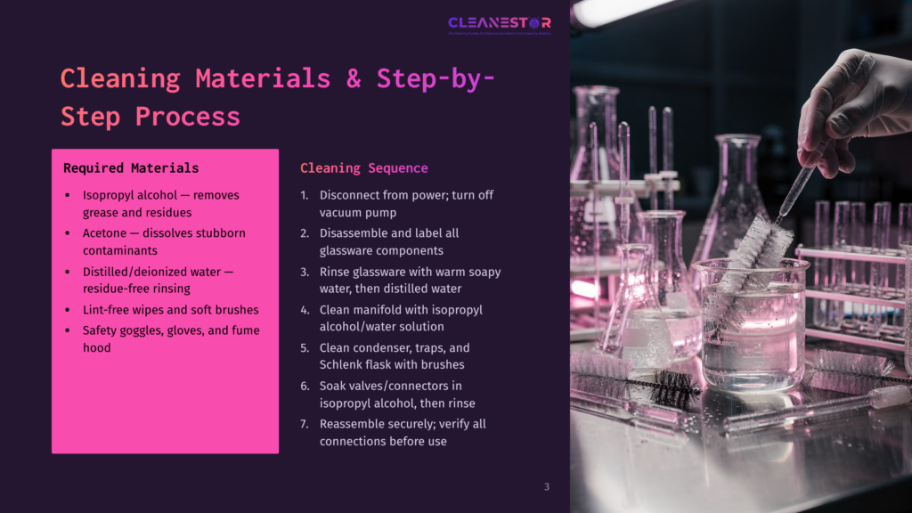 A Laboratory Setting With Various Glassware, A Hand In Gloves Cleaning A Beaker, And A Step-By-Step Cleaning Sequence List On The Left.