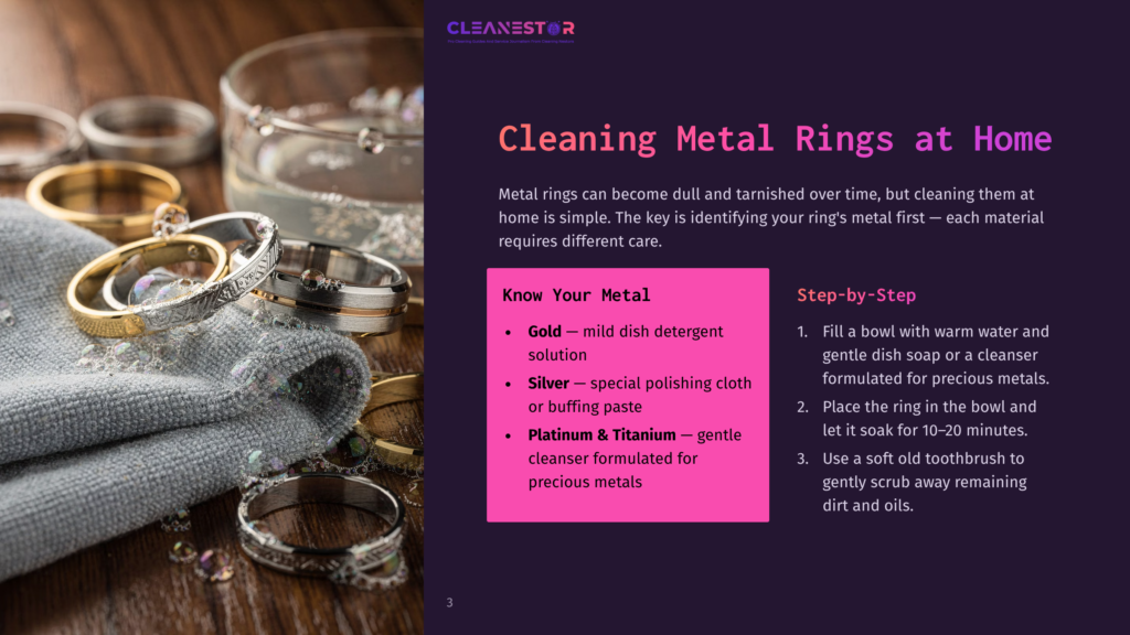 A Close-Up Of Various Gold And Silver Metal Rings Resting On A Textured Gray Cloth With A Step-By-Step Guide For Cleaning Them At Home.