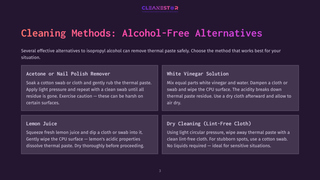 Text Reads &Quot;Cleaning Methods: Alcohol-Free Alternatives&Quot; With Three Cleaning Method Options Listed Below: Acetone Or Nail Polish Remover, White Vinegar Solution, Lemon Juice, And Dry Cleaning (Lint-Free Cloth).
