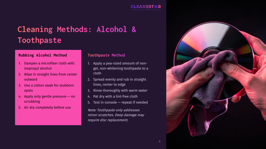 3 Cleaning Methods Alcohol And Toothpaste Close-Up Of A Hand Gently Cleaning A Cd With A Purple Microfiber Cloth, With The Text &Quot;Cleaning Methods: Alcohol &Amp; Toothpaste&Quot; Visible On The Left.