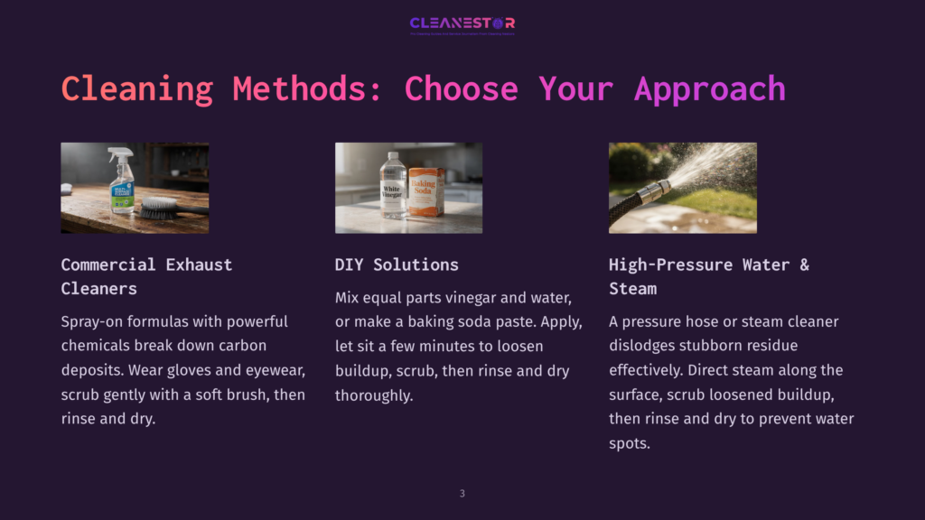 3 Cleaning Methods Choose Your Approach Three Cleaning Methods: Commercial Exhaust Cleaners With Spray Bottle And Brush, Diy Solutions With Vinegar And Baking Soda, And High-Pressure Water &Amp; Steam With A Hose Spraying Water.