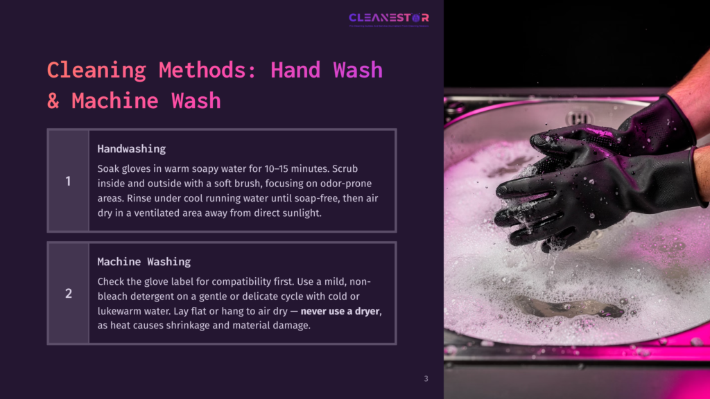 Black Rubber Gloves Are Submerged In Soapy Water In A Stainless Steel Sink, Being Scrubbed By Hands. The Sink Is Illuminated By Pink And Purple Lights, Suggesting A Cleaning Process.