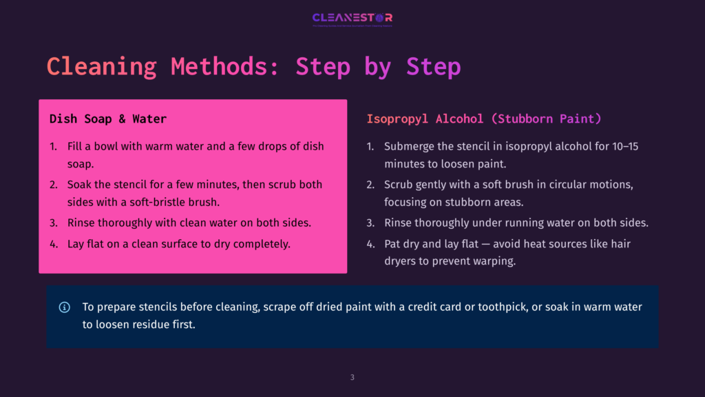 3 Cleaning Methods Step By Step Cleaning Methods: Step By Step - Dish Soap &Amp; Water Vs. Isopropyl Alcohol For Stencils. Instructions For Both Methods Are Listed With Bullet Points.