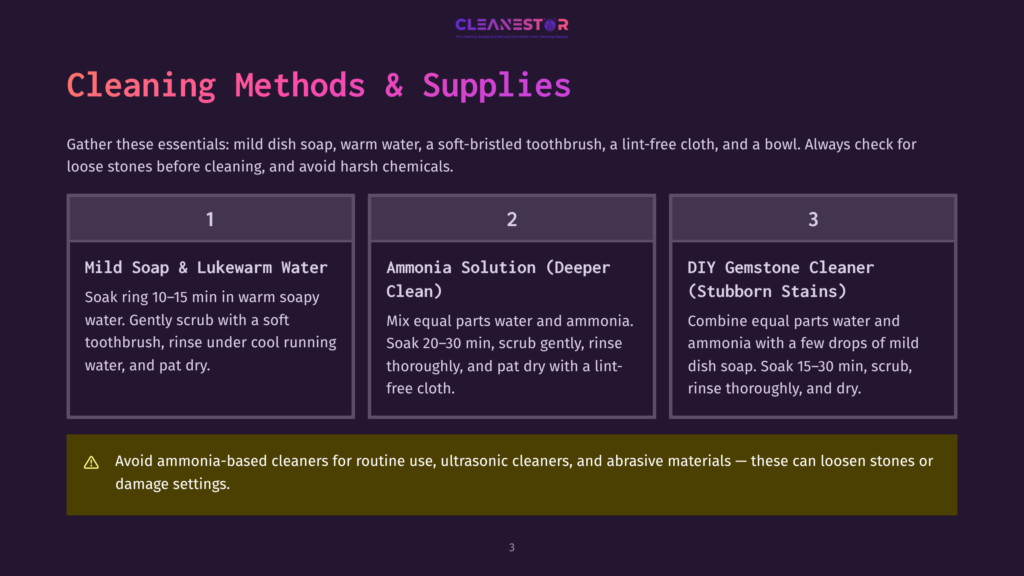 Infographic Detailing Three Cleaning Methods For Jewelry: Mild Soap And Lukewarm Water, Ammonia Solution, And A Diy Gemstone Cleaner For Stubborn Stains. Includes Safety Warnings.
