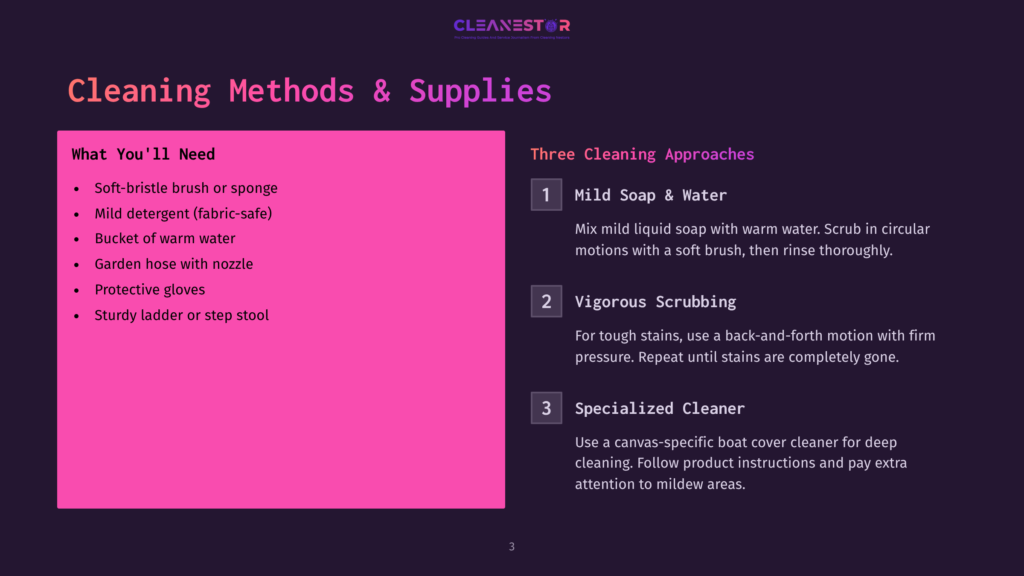 A Presentation Slide Titled &Quot;Cleaning Methods &Amp; Supplies&Quot; Lists Items Needed Like Soft-Bristle Brush, Mild Detergent, Warm Water, Garden Hose, Protective Gloves, And A Sturdy Ladder. It Also Outlines Three Cleaning Approaches: Mild Soap &Amp; Water, Vigorous Scrubbing, And Specialized Cleaner.