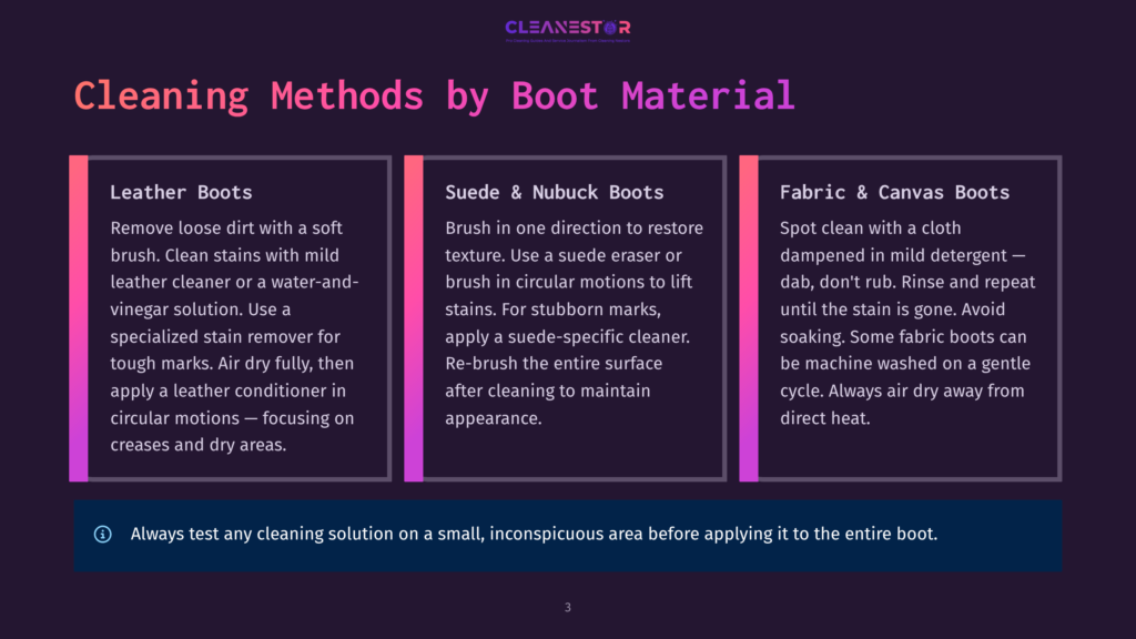Three Panels Of Cleaning Methods For Different Boot Materials: Leather, Suede &Amp; Nubuck, And Fabric &Amp; Canvas. Each Method Includes Detailed Instructions.