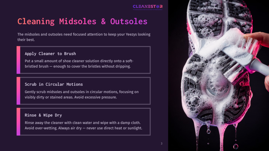 3 Cleaning Midsoles And Outsoles A Hand Uses A White Brush With Pink Bristles To Scrub A White Sneaker Sole Covered In White Foam And Water. The Cleaning Process Focuses On The Bottom Of The Shoe, Highlighting The Midsoles And Outsoles.