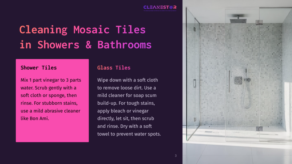 A Modern Shower Stall With White Mosaic Tiles, A Glass Enclosure, And A Chrome Showerhead. Text Overlay Provides Cleaning Tips For Shower Tiles.