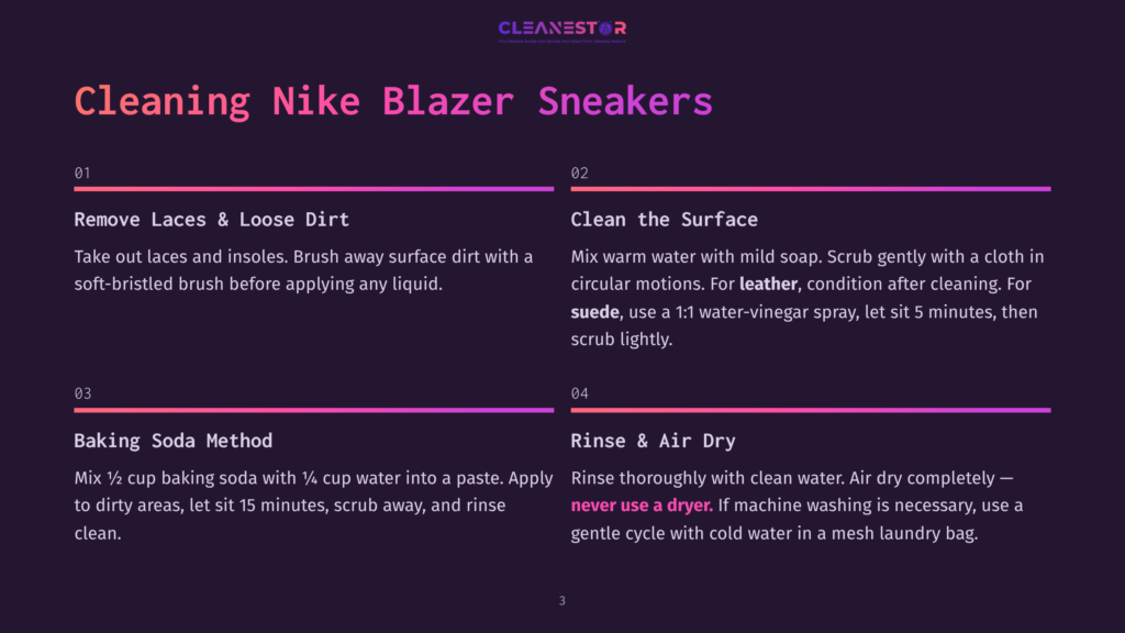 3 Cleaning Nike Blazer Sneakers Infographic Detailing How To Clean Nike Blazer Sneakers, With Steps Like Removing Laces, Cleaning The Surface With Mild Soap, And Using A Baking Soda Paste, Presented In A Purple And Pink Gradient Theme.