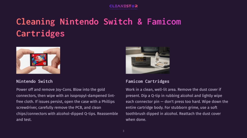 Close-Up Of A Nintendo Switch Game Cartridge Being Held, With A Clean Background. The Other Image Shows A Famicom Cartridge With A Cleaning Spray And Q-Tip.