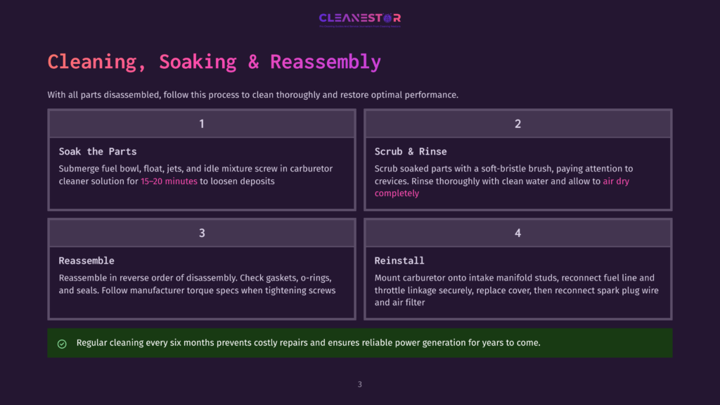 3 Cleaning Soaking And Reassembly Diagram Outlining The Four-Step Process For Cleaning, Soaking, And Reassembling A Carburetor: 1. Soak The Parts, 2. Scrub &Amp; Rinse, 3. Reassemble, 4. Reinstall. Includes A Note About Regular Cleaning For Optimal Performance.