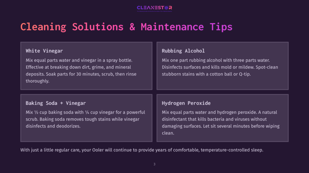 3 Cleaning Solutions And Maintenance Tips Infographic Titled &Quot;Cleaning Solutions &Amp; Maintenance Tips&Quot; With Sections On White Vinegar, Rubbing Alcohol, Baking Soda + Vinegar, And Hydrogen Peroxide, Offering Diy Cleaning Recipes.