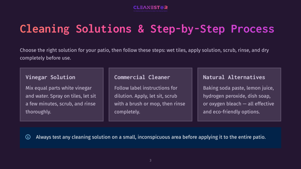 3 Cleaning Solutions And Step By Step Process A Dark Purple Background Displays The Cleanestor Logo And The Title &Quot;Cleaning Solutions &Amp; Step-By-Step Process.&Quot; Below, Three Columns Detail Cleaning Methods: &Quot;Vinegar Solution,&Quot; &Quot;Commercial Cleaner,&Quot; And &Quot;Natural Alternatives,&Quot; With Instructions And Tips For Patio Cleaning.