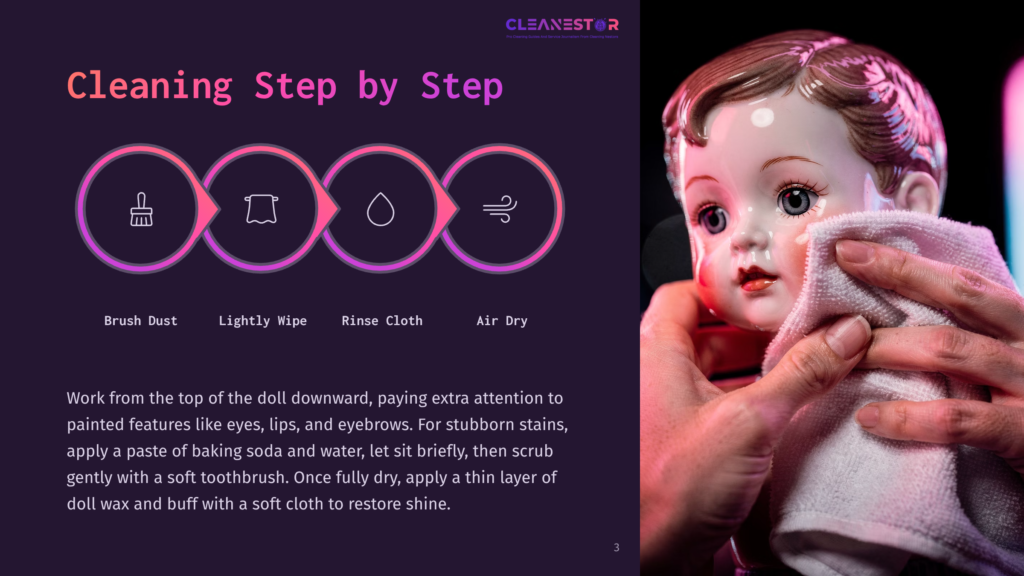 3 Cleaning Step By Step Close-Up Of A Person'S Hands Gently Cleaning A Porcelain Doll'S Face With A White Terry Cloth. The Doll Has Bright Blue Eyes, Rosy Cheeks, And Brown Hair. The Background Is Dark With Pink And Blue Lighting.