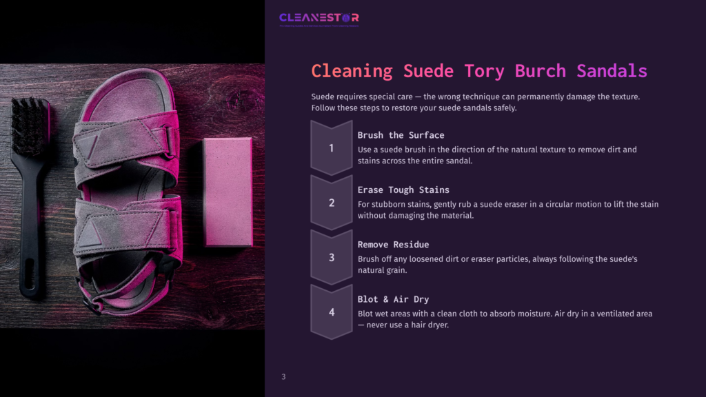 Pink Suede Tory Burch Sandals Are Laid Out On A Dark Wooden Surface, With A Suede Brush And Eraser Nearby. A Step-By-Step Guide For Cleaning Suede Sandals Is Displayed In Text Form.