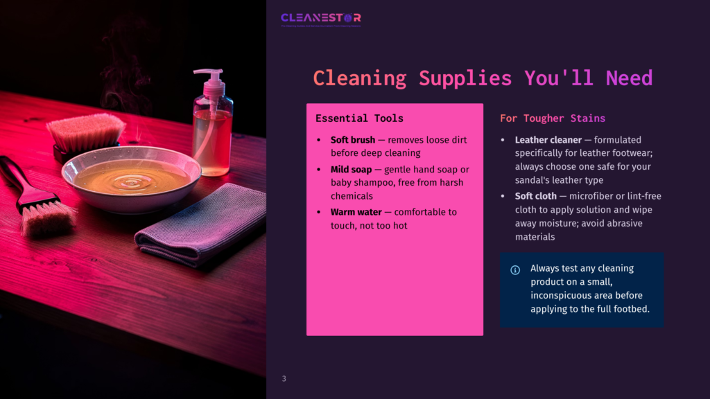 Cleaning Supplies For Shoes: A Soft Brush, A Bowl Of Soapy Water, And A Microfiber Cloth, With A Bottle Of Liquid Cleaner. Text Reads &Quot;Cleanestor Cleaning Supplies You'Ll Need&Quot;.