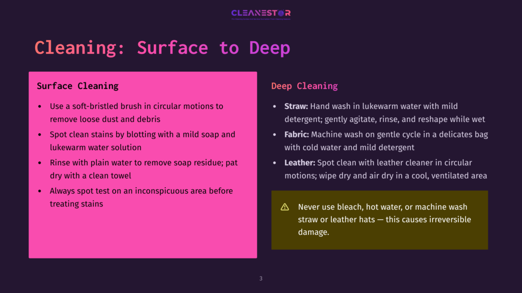 Cleaning Guide: Surface To Deep. Left Side Lists Cleaning Tips For Surfaces, Right Side Details Deep Cleaning Methods For Straw And Leather.
