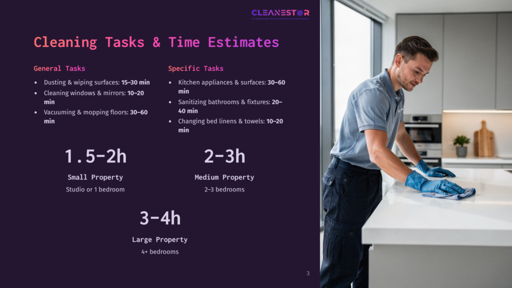 A Man In Blue Gloves Cleans A White Kitchen Counter, With A Graphic Overlay Showing Cleaning Task Estimates And Timeframes For Different Home Sizes.