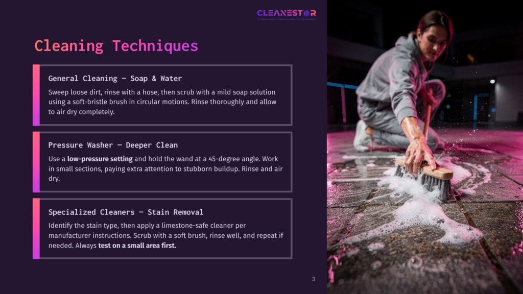 A Woman In A Grey Hoodie Scrubs A Stone Patio With A Stiff Brush And White Soap Suds, Illuminated By Purple And Pink Lights.