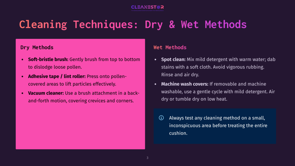 Slide Titled &Quot;Cleaning Techniques: Dry &Amp; Wet Methods&Quot; With Bullet Points Detailing Soft-Bristle Brush, Adhesive Tape, And Vacuum Cleaner Techniques For Dry Cleaning, And Spot Clean And Machine Wash Covers For Wet Cleaning.