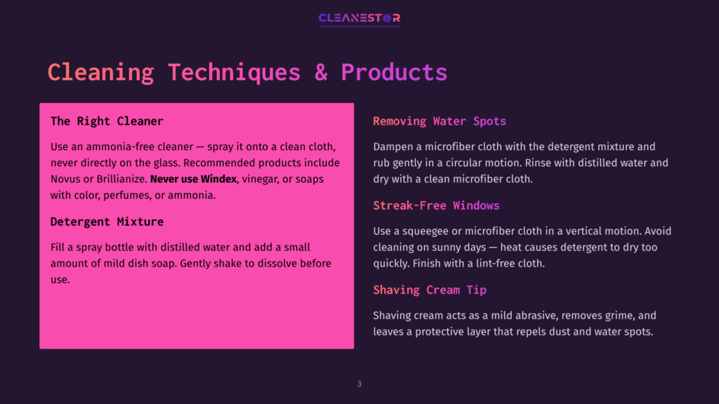 3 Cleaning Techniques And Products Infographic Titled &Quot;Cleaning Techniques &Amp; Products&Quot; Features Text And Icons For Techniques Like &Quot;The Right Cleaner&Quot; And &Quot;Detergent Mixture&Quot; Along With &Quot;Removing Water Spots&Quot; And &Quot;Shaving Cream Tip.&Quot; The Background Is A Gradient Of Deep Purple And Black, And The Text Is Primarily White With Some Pink Highlights.