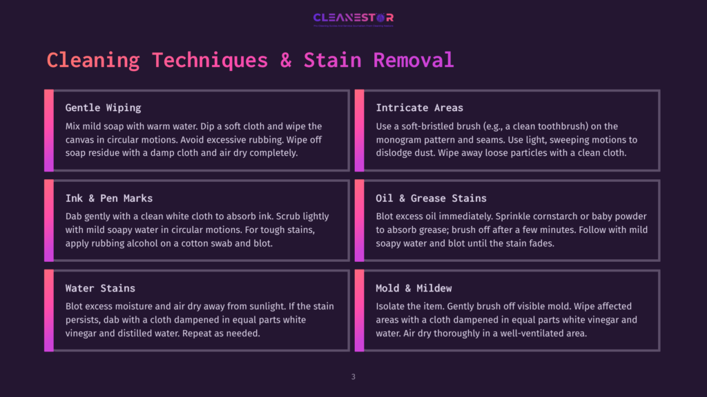 3 Cleaning Techniques And Stain Removal Infographic Titled &Quot;Cleaning Techniques &Amp; Stain Removal&Quot; By Cleanestor, Detailing Methods For Gentle Wiping, Intricate Areas, Ink &Amp; Pen Marks, Oil &Amp; Grease Stains, Water Stains, And Mold &Amp; Mildew.