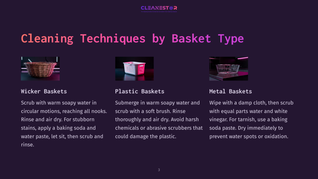 Three Types Of Cleaning Baskets: Wicker, Plastic, And Metal, With Cleaning Technique Descriptions For Each.
