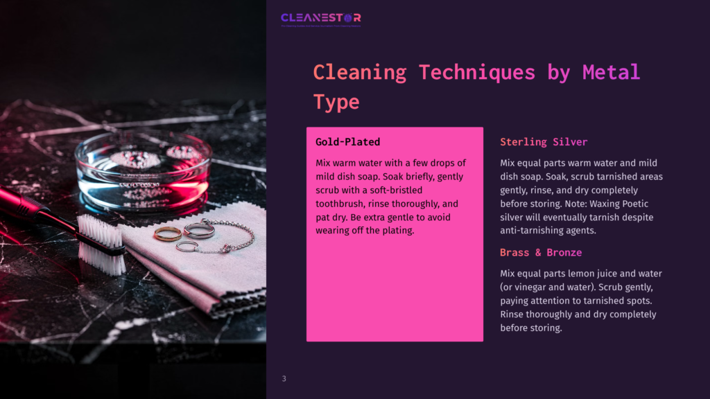 A Close-Up Shot Shows Jewelry Cleaning Supplies, Including Rings, A Bracelet, A Toothbrush, A Soft Cloth, And A Dish Of Soapy Water, On A Dark Marble Surface.