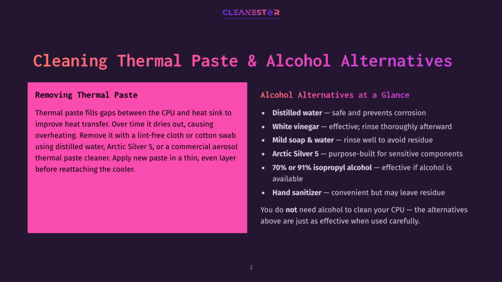 Slide Titled &Quot;Cleaning Thermal Paste &Amp; Alcohol Alternatives&Quot; With Text Detailing Safe Cleaning Methods For Cpus And Heat Sinks, Including Distilled Water And Arctic Silver 5.