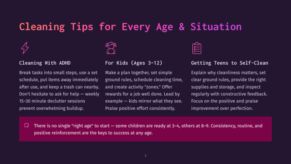 Infographic With Cleaning Tips For Every Age And Situation, Featuring Icons For Adhd, Kids, And Teens, With A Summary Of Positive Reinforcement For Children.