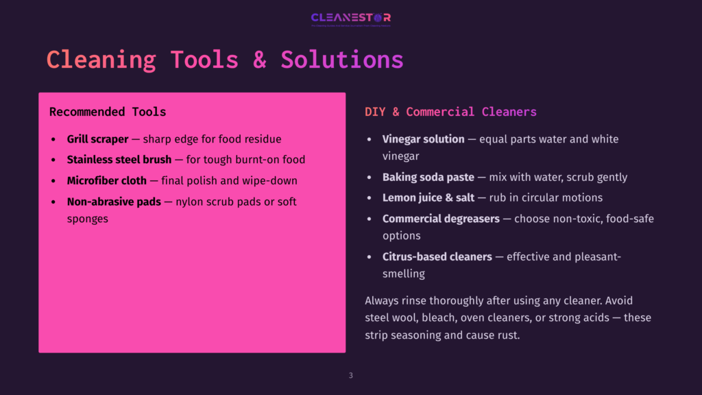 A Dark Purple Slide Titled &Quot;Cleaning Tools &Amp; Solutions&Quot; Lists Recommended Cleaning Tools Like Grill Scrapers, Stainless Steel Brushes, And Microfiber Cloths, Alongside Diy And Commercial Cleaner Recipes For Vinegar Solution, Baking Soda Paste, And Lemon Juice &Amp; Salt.