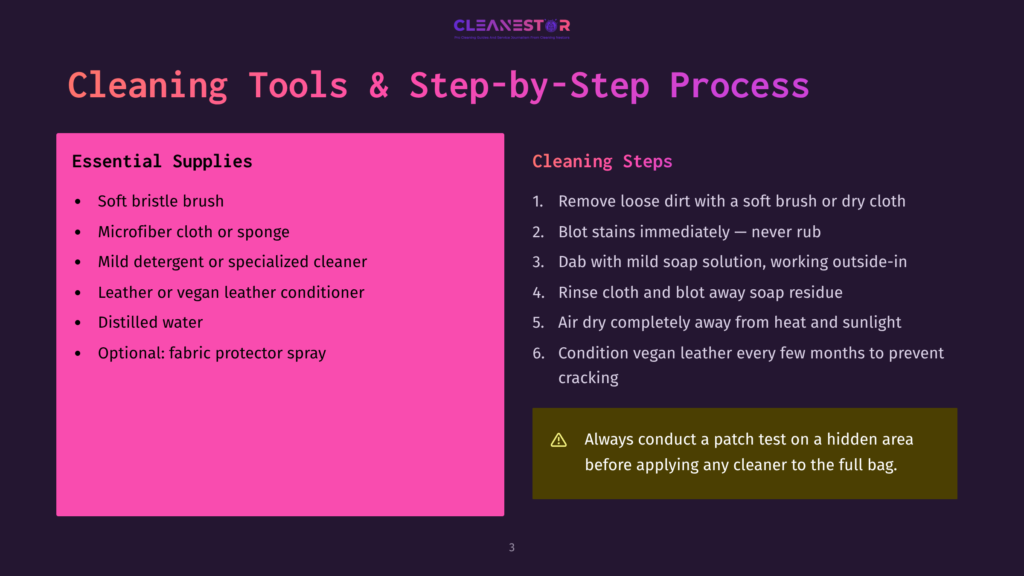 An Infographic On A Pink And Purple Background Titled &Quot;Cleaning Tools &Amp; Step-By-Step Process&Quot; Displays Essential Supplies And Cleaning Steps. Supplies Include Soft Bristle Brush, Microfiber Cloth Or Sponge, Mild Detergent Or Specialized Cleaner, Leather Or Vegan Leather Conditioner, Distilled Water, And Optional Fabric Protector Spray. Cleaning Steps Include Removing Loose Dirt, Blotting Stains Immediately, Dabbing With Mild Soap Solution, Rinsing With Leather Conditioner, Air Drying Away From Heat, And Conditioning Vegan Leather Every Few Months. The Infographic Emphasizes The Importance Of Conducting A Patch Test On A Hidden Area Before Applying Any Cleaner.