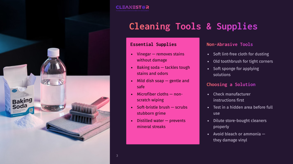 Cleaning Supplies Laid Out: A Box Of Baking Soda, A Bottle Of White Vinegar, A Microfiber Cloth, And A Toothbrush. Text On The Image Reads &Quot;Cleanestor&Quot; And &Quot;Cleaning Tools &Amp; Supplies.