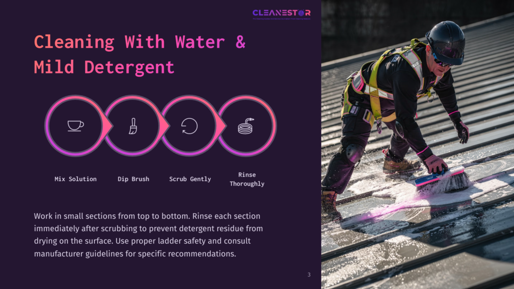 A Worker In A Safety Harness Scrubs A Wet, Metallic Roof With A Large Brush, Creating Pink Suds. The Graphic Shows A Four-Step Cleaning Process: Mix Solution, Dip Brush, Scrub Gently, Rinse Thoroughly.
