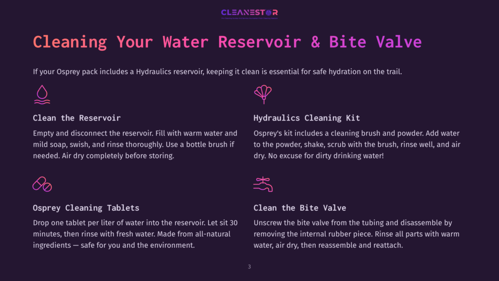 Osprey Water Reservoir Cleaning Instructions: &Quot;Clean The Reservoir&Quot; With Steps On Filling, Washing, And Air Drying. &Quot;Hydraulics Cleaning Kit&Quot; Instructions For Using The Brush And Powder. &Quot;Osprey Cleaning Tablets&Quot; Guide For Dissolving Tablets In Water. &Quot;Clean The Bite Valve&Quot; Steps For Disassembly And Reassembly.