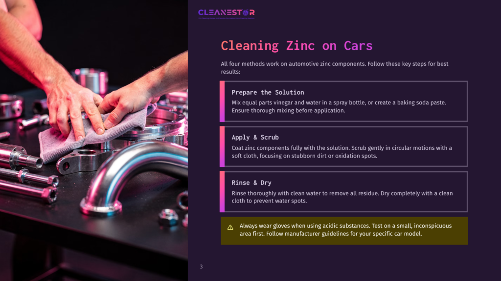 Close-Up Of Hands Cleaning Car Zinc Components With A Grey Cloth, Showcasing Polished Metal And Automotive Parts On A Dark Surface. Text Overlay: &Quot;Cleanestor Cleaning Zinc On Cars&Quot;.